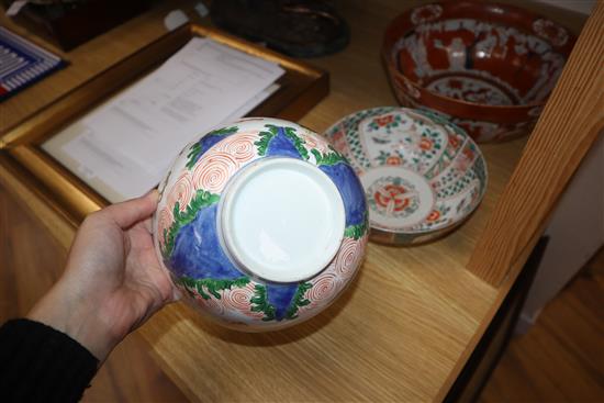 Three various Japanese bowls largest diameter 30.5cm